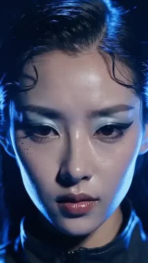 A dark cyberpop girl performs in a black-and-electric-blue collage world, halftone textures flicker, magazine cutouts slide across the frame, kinetic typography pulses, chaotic Y2K album teaser energy.