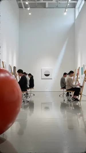 A giant tomato rolls through an empty art gallery while people calmly sketch it, absurd food poster aesthetic, grainy print texture, playful motion.