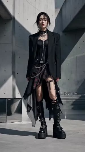 Style: Pinterest aesthetic, modern streetwear editorial, dark alt fashion, brutalist architecture, cinematic fashion campaign, cool gray concrete, black styling, silver chain details, sharp natural light, dramatic shadows, minimal luxury, clean composition, high-fashion launch film mood.
Mood: confident, edgy, polished, premium, urban, fashion-forward.
Color palette: black, charcoal, cool gray, silver, muted red plaid accents.
Key visual elements: concrete walls, strong geometry, angular shadows, layered black outfit, chains, corset structure, tall platform boots, soft smoke, subtle chrome reflections, elegant slow motion.


A premium fashion launch-film shot. Soft smoke drifts slowly across the frame. Light moves subtly over the concrete surfaces and catches the silver chain accessories and hardware on the boots. The camera continues a slow elegant push-in. The model stands confidently in a dark Pinterest-style editorial streetwear look, with black structured layers, corset detailing, silver jewelry, and high platform boots. Brutalist architecture, sharp shadows, cinematic fashion mood, clean and expensive.