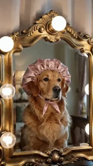 A golden retriever wearing a satin bonnet sits at a vanity mirror, blinking under glamorous bulbs, old Hollywood pet portrait, funny luxury mood.