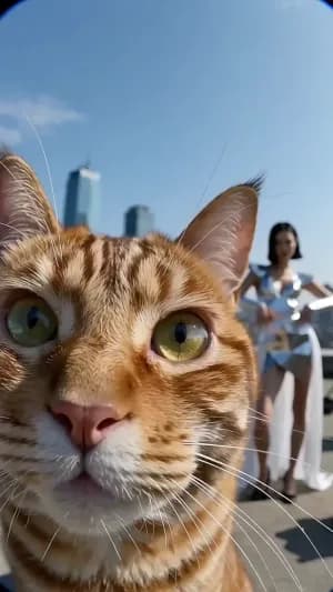 A giant orange cat dominates the foreground as if filming itself, while a dramatic fashion figure performs behind it, distorted perspective, rooftop setting, playful editorial absurdity.